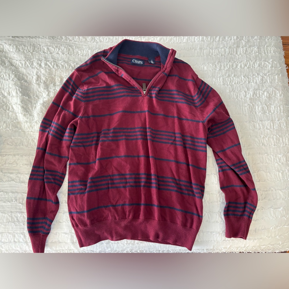 Men’s red and blue striped Chaps sweater size large. Worn less than 5 times